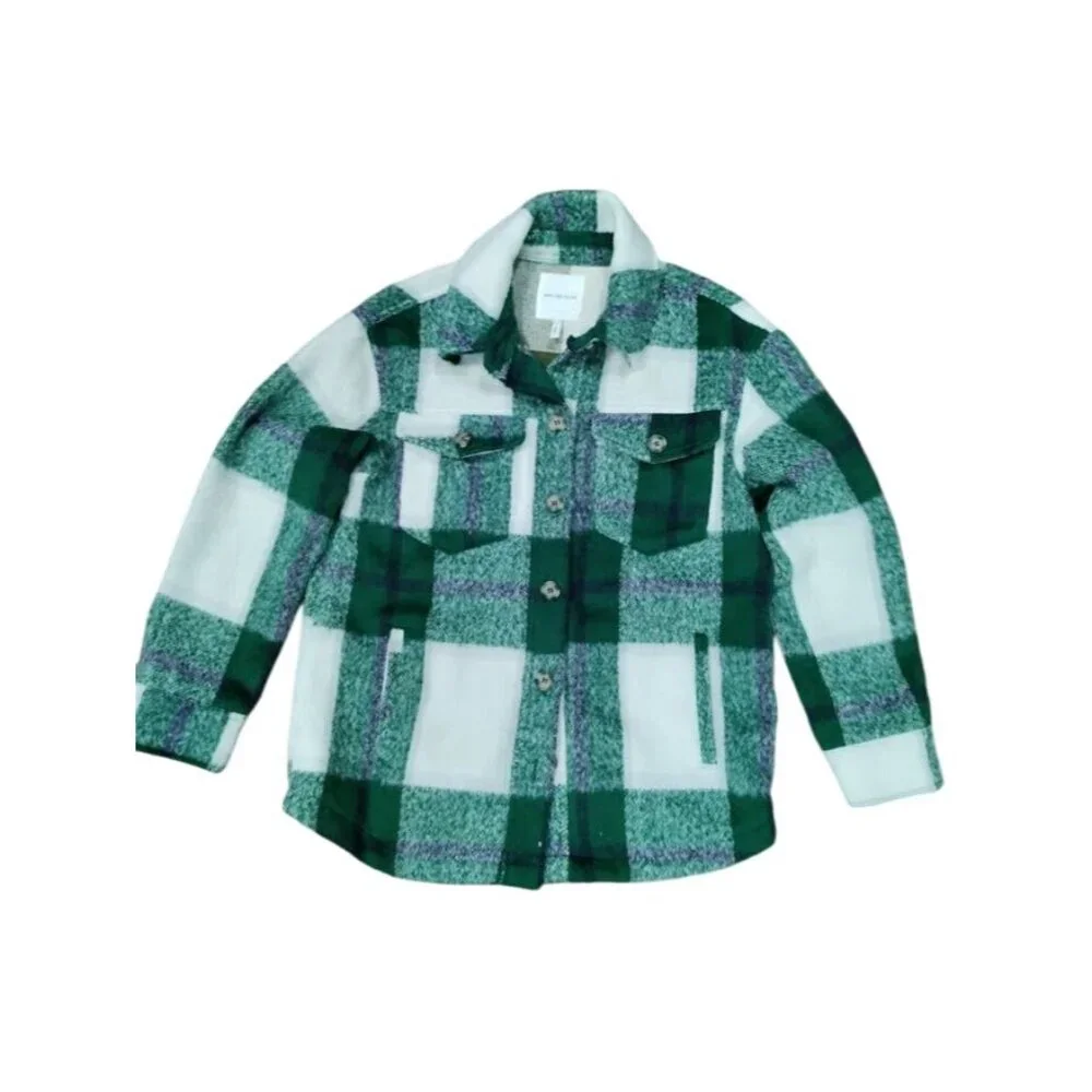 Avec Les Filles Green White Buffalo Plaid Wool Blend Shacket Overshirt - Picture 2 of 13
